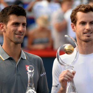 Novak Djokovic of Serbia (left) and Andy Murray of Great Britain with their trophies during the Rogers Cup tennis tournament final at Uniprix Stadium.