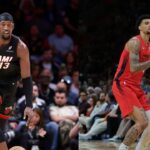 Bam Adebayo (L) and Kel'el Ware (R) of the Miami Heat