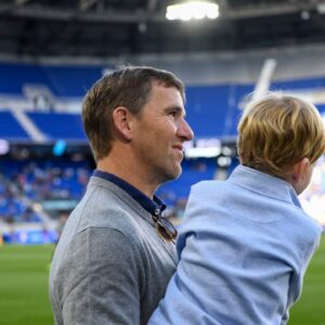 Harrison, New Jersey, USA; Retired Giants quarterback Eli Manning during the pregame at Red Bull Arena