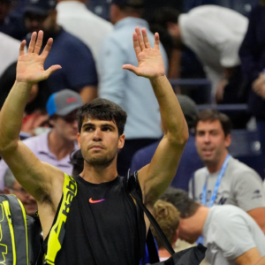 Carlos Alcaraz of Spain after losing to Botic van De Zandschulp of the Netherlands on day four of the 2024 U.S. Open tennis tournament