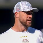 Kansas City Chiefs tight end Travis Kelce (87) during pregame warmups against the Carolina Panthers at Bank of America Stadium.