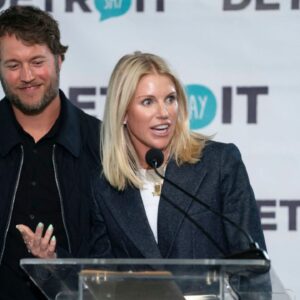 Matthew and Kelly Stafford make remarks before the ribbon cutting for the Kelly and Matthew Stafford and Friends Education Center at the S.A.Y Detroit Play Center in Detroit on Monday, April 1, 2024.