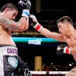 Dmitry Bivol (brown trunks) and Lenin Castillo (black trunks) box during a WBA Super World Light-Heavyweight title boxing match at Wintrust Arena.