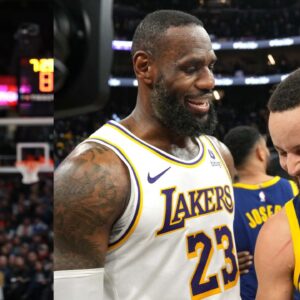 Spencer Dinwiddie (L), LeBron James and Stephen Curry (R)