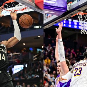 Giannis Antetokounmpo (L) and LeBron James (R)