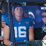 Jacksonville Jaguars quarterback Trevor Lawrence (16) is carted off the field after sustaining a heavy hit during the second quarter of an NFL football matchup Sunday, Dec. 1, 2024 at EverBank Stadium in Jacksonville, Fla.