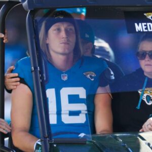Jacksonville Jaguars quarterback Trevor Lawrence (16) is carted off the field after sustaining a heavy hit during the second quarter of an NFL football matchup Sunday, Dec. 1, 2024 at EverBank Stadium in Jacksonville, Fla.