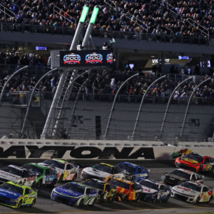 NASCAR Cup Series driver Ryan Blaney (12) leads the field during the Daytona 500 at Daytona International Speedway.