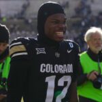 Colorado Buffaloes wide receiver Travis Hunter (12) reacts following the win against the Oklahoma State Cowboys at Folsom Field.