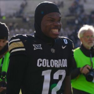 Colorado Buffaloes wide receiver Travis Hunter (12) reacts following the win against the Oklahoma State Cowboys at Folsom Field.
