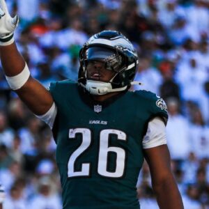 Oct 27, 2024; Cincinnati, Ohio, USA; Philadelphia Eagles running back Saquon Barkley (26) reacts after quarterback Jalen Hurts (not pictured) scores a touchdown against the Cincinnati Bengals in the second half at Paycor Stadium.