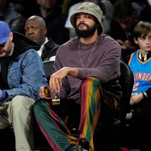 Former NBA player Joakim Noah during the 1st quarter of the Emirates NBA Cup championship game between the Oklahoma City Thunder and Milwaukee Bucks at T-Mobile Arena.