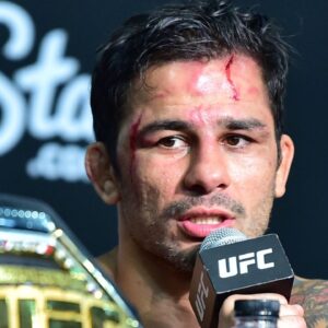 (Editor’s Note: Graphic Content in Photo) Alexandre Pantoja during Press Conference during UFC 301 at Farmasi Arena .