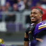 Minnesota Vikings wide receiver Justin Jefferson (18) looks on during the fourth quarter against the Atlanta Falcons at U.S. Bank Stadium.