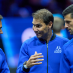 Roger Federer (SUI) and Rafael Nadal (ESP) and Novak Djokovic (SRB) of Team Europe on court at the opening of the Laver Cup tennis event