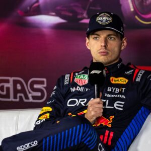 Red Bull Racing driver Max Verstappen (1) of Team Netherlands 4 time world champion talks about his championship win in Las Vegas