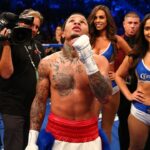 Gervonta Davis reacts to his victory by knockout against Francisco Fonseca during a boxing match at T-Mobile Arena.