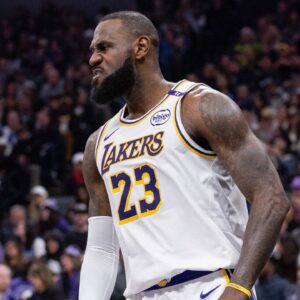 Los Angeles Lakers forward LeBron James (23) reacts after attempting a shot against the Sacramento Kings during the second quarter at Golden 1 Center.