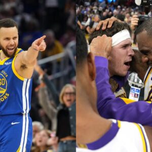 Stephen Curry(L), Austin Reaves and LeBron James(R)