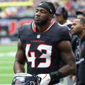 Sep 29, 2024; Houston, Texas, USA; Houston Texans linebacker Neville Hewitt (43) during the game against the Jacksonville Jaguars at NRG Stadium. Mandatory Credit: Troy Taormina-Imagn Images