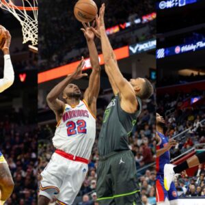 Jonathan Kuminga (L), Andrew Wiggins (C), Jimmy Butler (R)