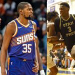 Devin Booker and Kevin Durant (L) and AJ Dybantsa (R)