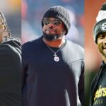 Justin Fields [Left]; Mike Tomlin [Center]; Russell Wilson [Right]