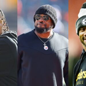 Justin Fields [Left]; Mike Tomlin [Center]; Russell Wilson [Right]