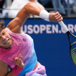 Ben Shelton (USA) hits to Frances Tiafoe (USA) on day five of the 2024 U.S. Open tennis tournament