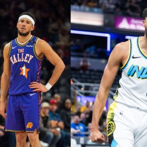 Devin Booker of the Phoenix Suns (L), Tyrese Haliburton of the Indiana Pacers (R)