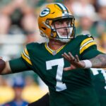 Aug 21, 2021; Green Bay, Wisconsin, USA; Green Bay Packers quarterback Kurt Benkert (7) throws a pass during the third quarter against the New York Jets at Lambeau Field.