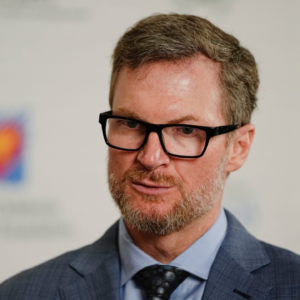 NASCAR legend Dale Earnhardt Jr. talks to media following the Memorial Tournament Legends Luncheon at the Ohio Union. Earnhardt emceed the event. © Adam Cairns/Columbus Dispatch / USA TODAY NETWORK