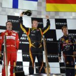 Podium: Kimi Räikkönen (FIN) Lotus F1 Team E20 (race winner), Fernando Alonso (ESP) Scuderia Ferrari F2012 (2nd position) and Sebastian Vettel (GER) Red Bull Racing RB8 (3rd position) 2012 Abu Dhabi Grand Prix
