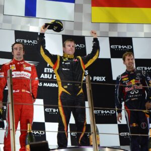 Podium: Kimi Räikkönen (FIN) Lotus F1 Team E20 (race winner), Fernando Alonso (ESP) Scuderia Ferrari F2012 (2nd position) and Sebastian Vettel (GER) Red Bull Racing RB8 (3rd position) 2012 Abu Dhabi Grand Prix