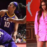 Angel Reese playing for LSU (L) and Angel Reese as a Chicago Sky Center (R)