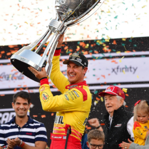 NASCAR Cup Series driver Joey Logano (22) celebrates his championship victory following the Cup Series championship race at Phoenix Raceway.