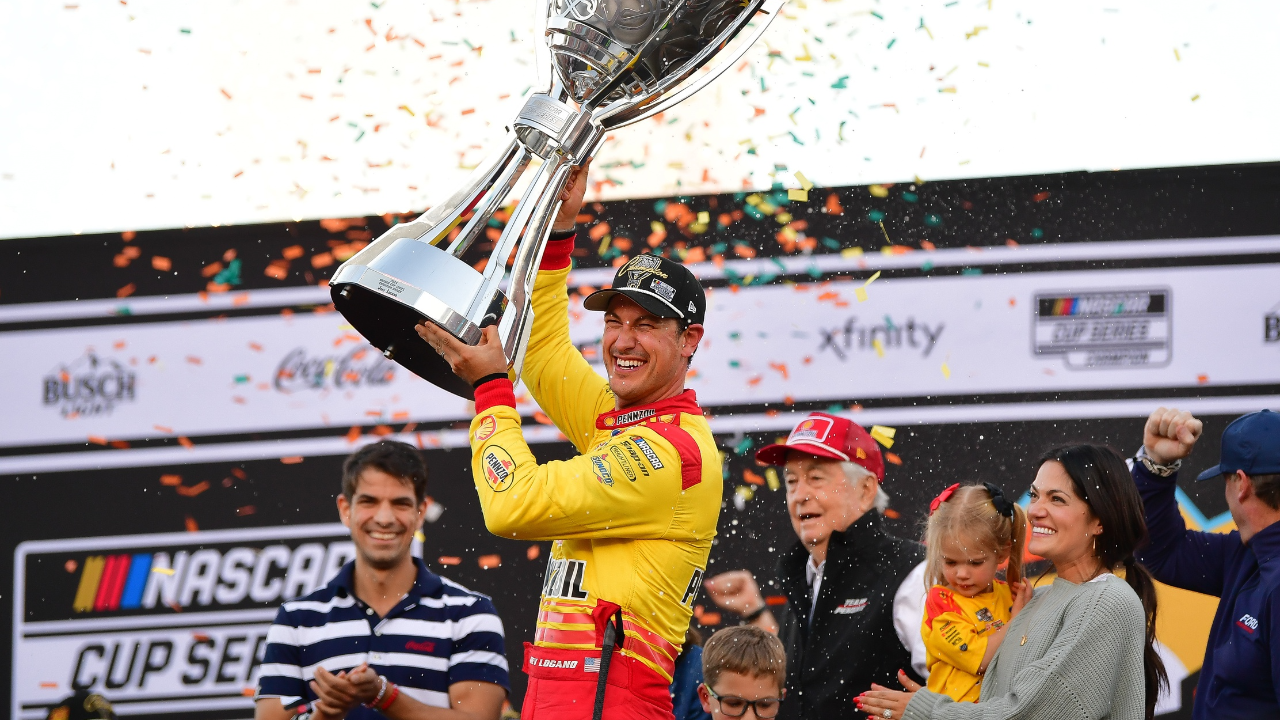 NASCAR Cup Series driver Joey Logano (22) celebrates his championship victory following the Cup Series championship race at Phoenix Raceway.