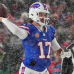 Dec 1, 2024; Orchard Park, New York, USA; Buffalo Bills quarterback Josh Allen (17) throws the ball against the San Francisco 49ers during the first half at Highmark Stadium.