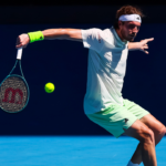 Stefanos Tsitsipas of Greece plays a shot against Zizou Bergs (not pictured) of Belgium in Round 1 of the Men's Singles on Day 2 of the Australian Open