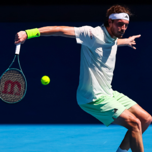 Stefanos Tsitsipas of Greece plays a shot against Zizou Bergs (not pictured) of Belgium in Round 1 of the Men's Singles on Day 2 of the Australian Open