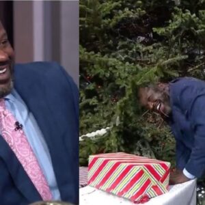 Shaquille O'Neal jumps on the Christmas tree at Studio J