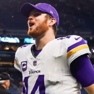 Dec 22, 2024; Seattle, Washington, USA; Minnesota Vikings quarterback Sam Darnold (14) celebrates following a victory against the Seattle Seahawks at Lumen Field.