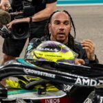 ABU DHABI, UNITED ARAB EMIRATES - DECEMBER 08: Lewis Hamilton of Great Britain and Mercedes reacts after performing donuts on track for his final race with Mercedes during the F1 Grand Prix of Abu Dhabi at Yas Marina Circuit on December 08, 2024 in Abu Dhabi, United Arab Emirates
