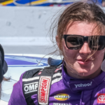 Isabella Robusto, driver of the 55 Toyota for Yahoo, talks with friends before the start of the ARCA Menards Series West General Tire 200 race on June 07, 2024, at Sonoma Raceway in Sonoma, CA.