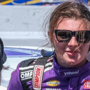 Isabella Robusto, driver of the 55 Toyota for Yahoo, talks with friends before the start of the ARCA Menards Series West General Tire 200 race on June 07, 2024, at Sonoma Raceway in Sonoma, CA.