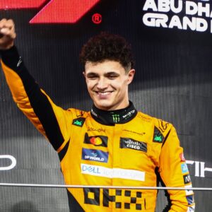 Lando Norris of McLaren celebrates on the podium during Formula 1 Abu Dhabi Grand Prix at Yas Marina Circuit on December 8th, 2024