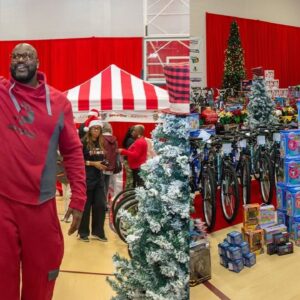 Shaquille O'Neal (L) and Shaq's gift for children (R)