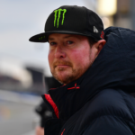 Kurt Busch reacts after his brother NASCAR Cup Series driver Kyle Busch (8) wins the Pala Casino 400 at Auto Club Speedway.
