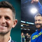 Dan Orlovsky smiling, Rams head coach Sean McVay smiling and pointing
