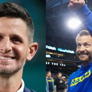 Dan Orlovsky smiling, Rams head coach Sean McVay smiling and pointing
